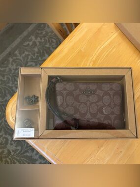 Coach Brown Signature Zip Wristlet with Silver Hardware